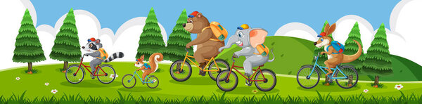 Животные на велосипедах по живописному ландшафту