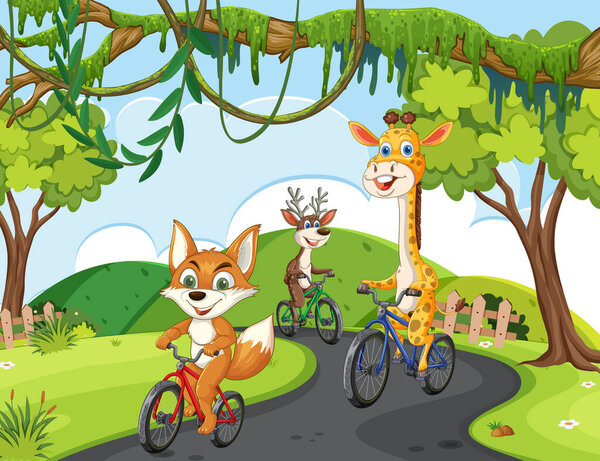 Лиса, олень и жираф едут на велосипедах вместе