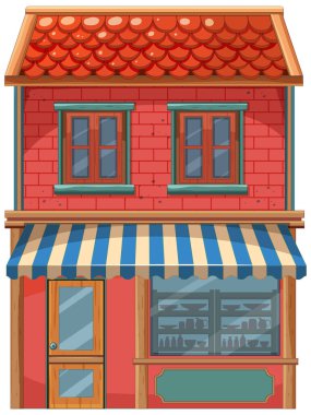 Çizgili tenteli kırmızı tuğla bina.