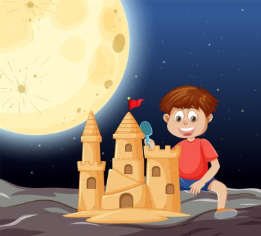 Bir çocuk parlak bir ayın altında kumdan kale yapar.