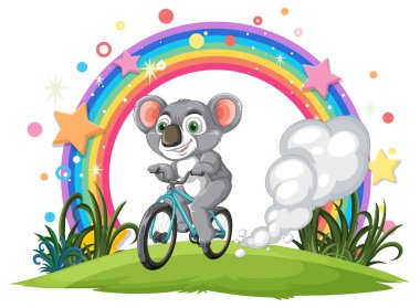 A cheerful koala cycling beneath a colorful rainbow clipart