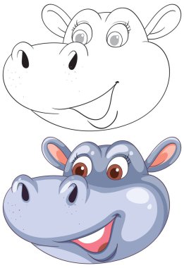 Smiling hippo face in color and outline clipart