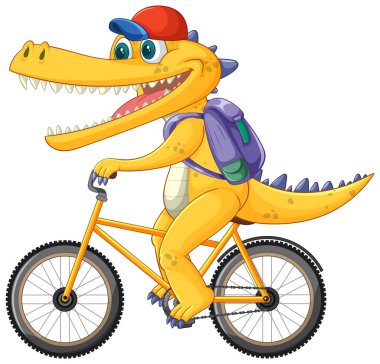 Neşeli bir timsah sırt çantasıyla bisiklet sürüyor.