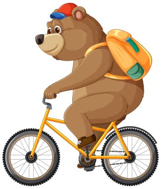 Renkli bir sırt çantası takan bisikletli bir ayı.