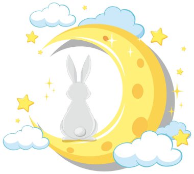 A rabbit sits on a crescent moon surrounded by stars clipart