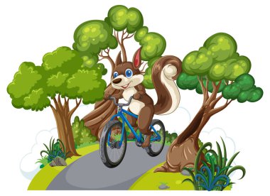 A cheerful squirrel rides a bike in nature clipart