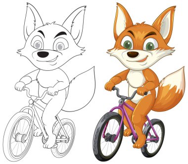 Renkli bir bisiklete binen neşeli bir tilki