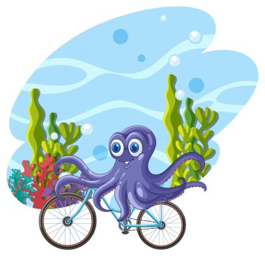 A cheerful octopus cycling through an ocean scene clipart