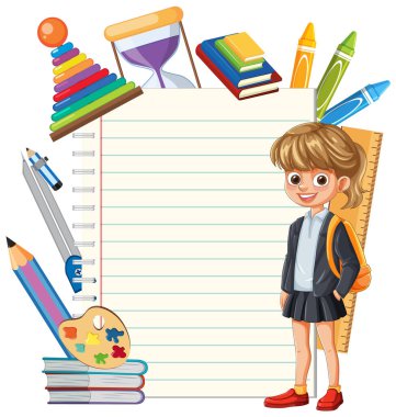 Okul malzemeleri ve boş defter sayfası olan bir öğrenci.