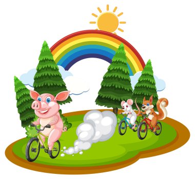 Pig, mouse, and squirrel biking in nature clipart