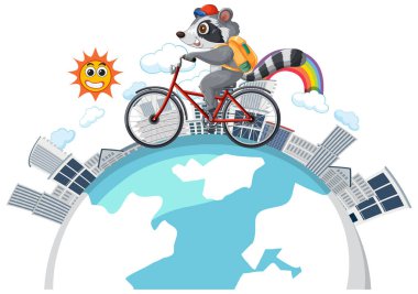 Raccoon rides a bike over a globe clipart