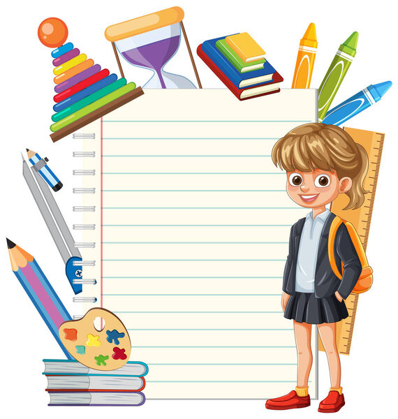 Ученик со школьными принадлежностями и чистым блокнотом