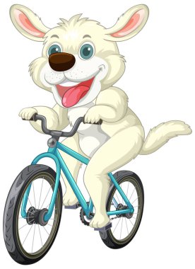 Çizgi film köpeği sevinçle mavi bir bisiklete biniyor.