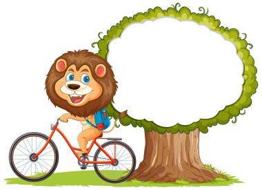 Neşeli aslan büyük bir ağacın yanında bisiklet sürüyor.
