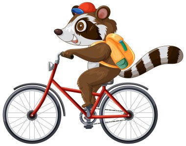 Sırt çantalı neşeli bir rakun bisiklet sürüyor.