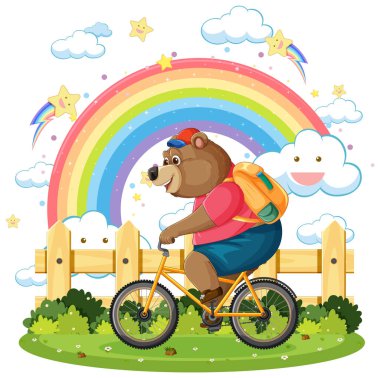 Renkli bir gökkuşağının altında bisiklet süren neşeli bir ayı.