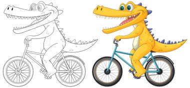 Neşeli bir timsah mutlu bir şekilde bisiklet sürüyor.