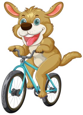 Çizgi film köpeği sevinçle mavi bir bisiklete biniyor.
