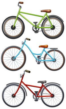 Three bicycles in green, blue, and red clipart