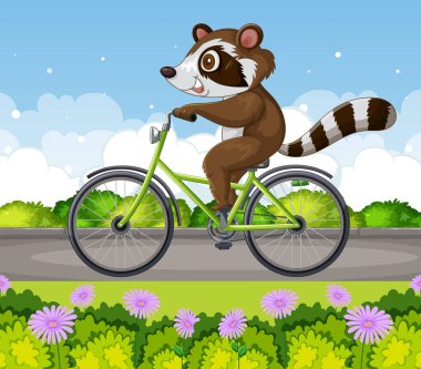 Doğada bisiklet süren neşeli bir rakun.