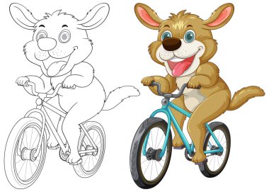 Çizgi film köpeği sevinçle mavi bir bisiklete biniyor.
