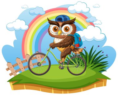 Sırt çantası ve kaskı olan bir baykuş.