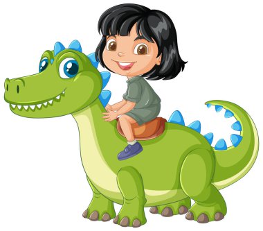 Yeşil bir dinozora binen mutlu çocuk