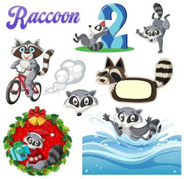 Cute raccoons in various playful activities clipart