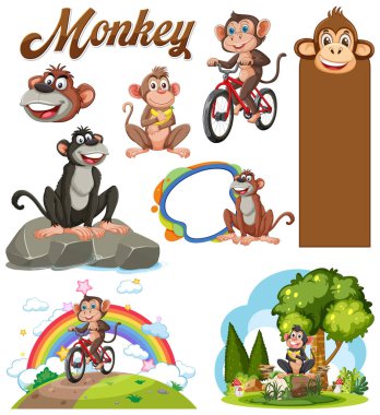 Maymunlar bisiklet sürüyor ve doğa sahnelerinin tadını çıkarıyor.