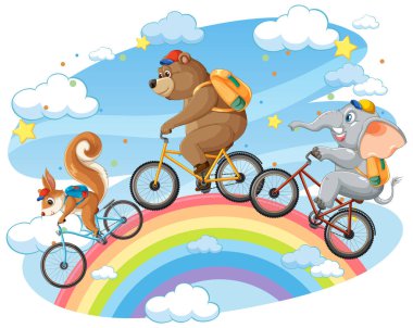 Hayvanlar renkli bir gökkuşağı boyunca bisiklet sürerler.