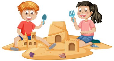 Çocuklar mutlu bir şekilde kürek ve kovalarla kumdan kaleler inşa ediyorlar.