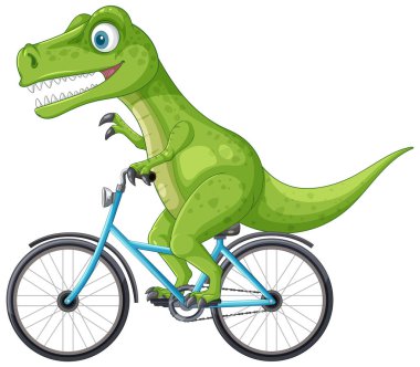 Mavi bir bisiklete binen neşeli bir dinozor.