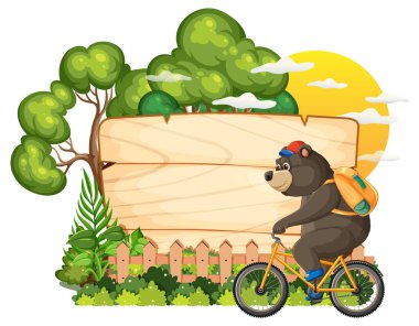 A bear rides a bike near a wooden sign clipart