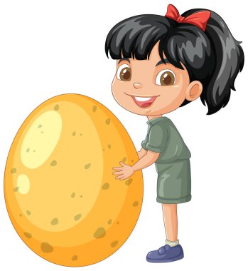 Büyük bir dinozor yumurtası tutan bir kız.
