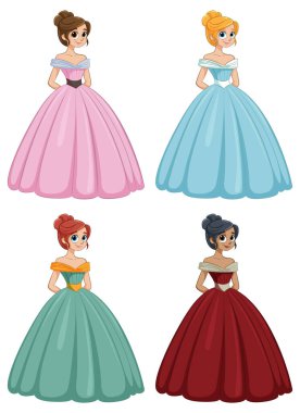 Canlı, zarif elbiseli dört prenses.