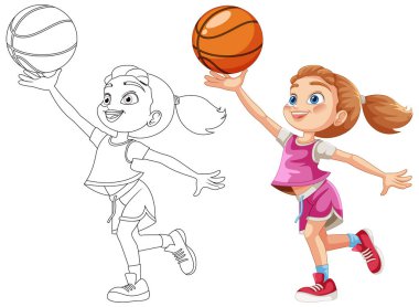 Neşeli bir kız basketbol oynuyor.