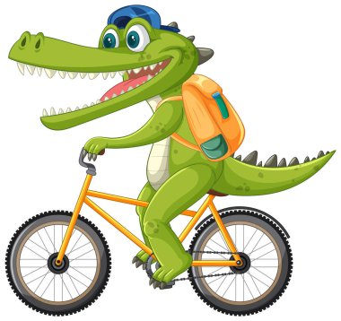 Neşeli bir timsah sırt çantasıyla bisiklet sürüyor.