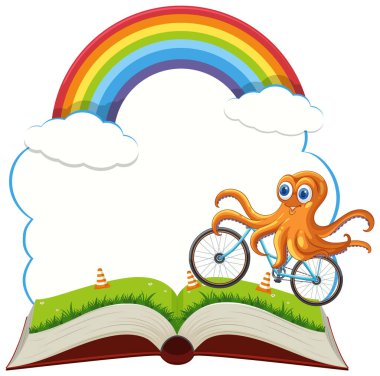 An octopus rides a bike on an open book clipart