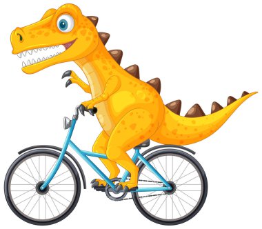 Mavi bir bisiklete binen neşeli bir dinozor.