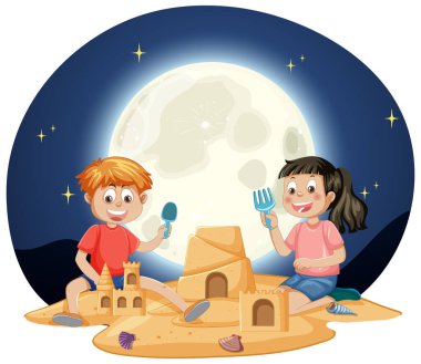 Çocuklar parlayan ayın altında kumdan kaleler yapmayı severler.