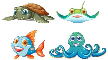 Playful marine animals with vibrant colors and smiles clipart