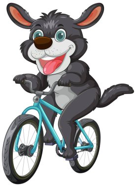 Çizgi film köpeği sevinçle mavi bir bisiklete biniyor.