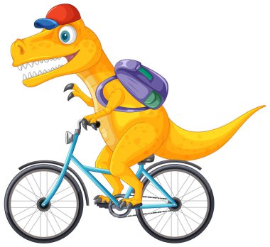 Sırt çantası takan bir dinozor bisiklete biner.