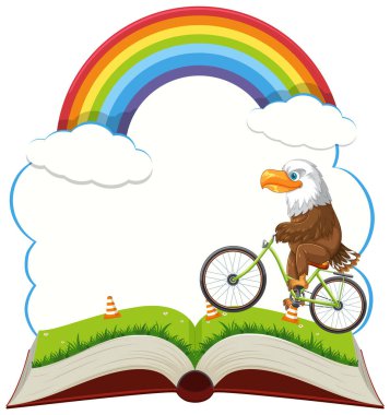 Eagle rides a bike on an open book clipart