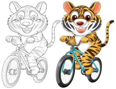 Sevimli kaplan neşeli bir ifadeyle bisiklet sürüyor