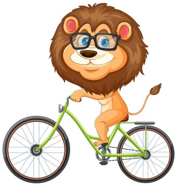 Gözlüklü bir aslan yeşil bir bisiklete biner.