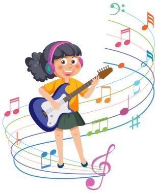 Renkli notalarla çevrili gitarlı bir kız.