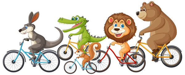 Мультфильм животных на велосипеде в радостной группе