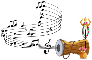 Müzik notaları ve geleneksel bir davul tasviri