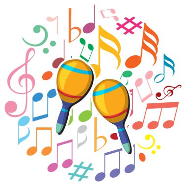 Renkli notalarla çevrili canlı marakalar.